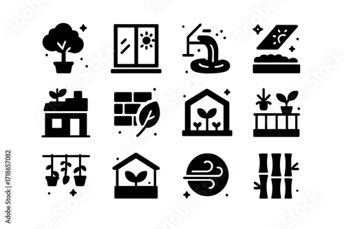 Biophilic Design Icons. Biophilic Design. Solid icons set of biophilic design: indoor tree, sunlight window, water feature, skylight, rooftop garden, natural