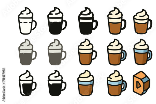 Cream Topping Logos. Set Logo of Fatty Cream Topping: Cream-topped iced coffee. Logo set in vector style, emblematic variations. line, bold thick line, solid