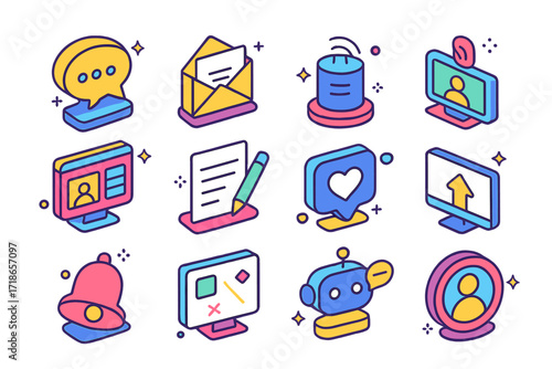 Digital Communication Icon Set. Colorful isometric vector icons set of digital communication platforms: messaging app, email inbox