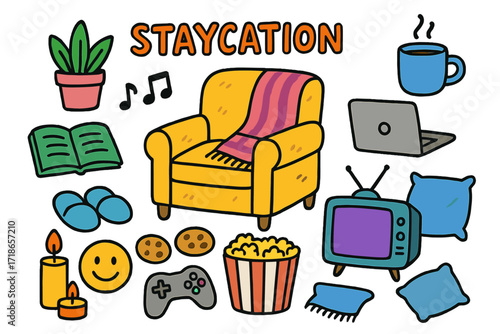 Cozy Staycation Doodles. Colorful Hand-drawn doodle Children illustration Staycation cozy chair, book, plant, coffee mug, slippers, laptop, TV, blanket,