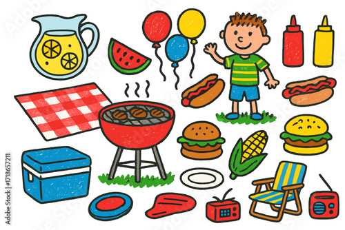 Backyard Barbecue Fun. Colorful Hand-drawn doodle Children illustration Backyard barbecue party grill, picnic blanket, lemonade