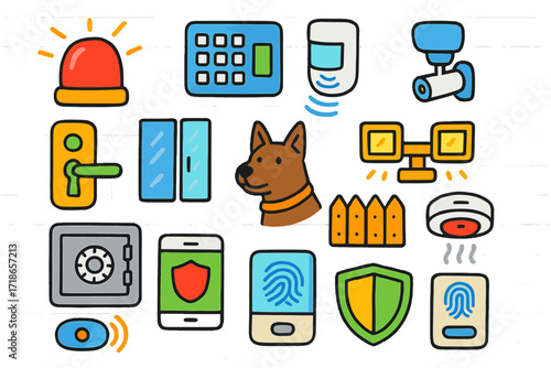 Home Security Doodle. Colorful Hand-drawn doodle Children illustration Home security system alarm siren, keypad, motion sensor, door lock, window sensor, CCTV