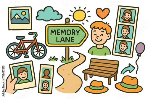 Colorful Childhood Memories. Colorful Hand-drawn doodle Children illustration Memory Lane street sign, bike, photo in hand, heart