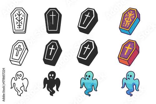 Mystical Sarcophagus Icons. Icon Set of Mystical sarcophagus: glowing runes, sealed coffin, spirit guardian. Icons set in vector style, emblematic variations.