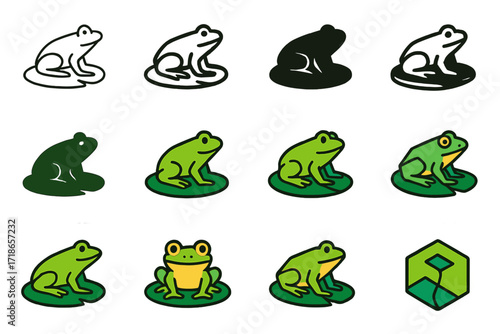 Biodiversity Logo Designs. Set Logo of Biodiversity Return: Frog on a lily pad. Logo set in vector style, emblematic variations. line, bold thick line, solid