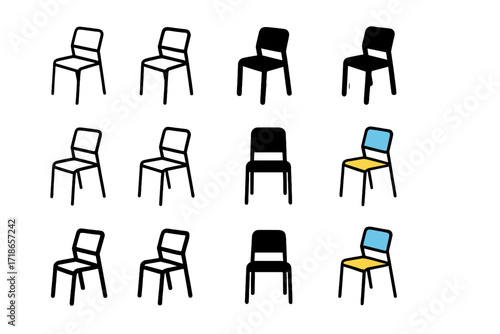 Wooden Chair Logos. Set Logo of Wooden Chair: Stackable cafeteria chair. Logo set in vector style, emblematic variations. line, bold thick line, solid black