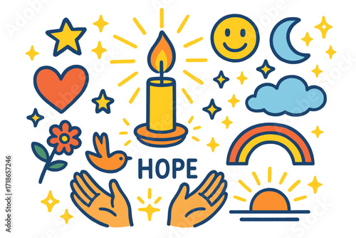 Hope and Light Doodles. Colorful Hand-drawn doodle Children illustration Light in the darkness candle, star, glow, heart, smiley face, moon, cloud, hands open,