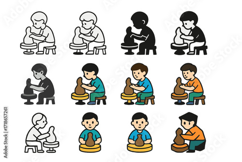 Creative Sculpting Logos. Set Logo of Young artists: Boy sculpting with clay. Logo set in vector style, emblematic variations. line, bold thick line, solid