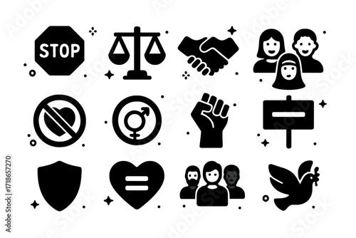 Symbols of Inclusivity. Anti-Discrimination. Solid icons set of stop sign, equality scale, handshake, diverse faces, no hate symbol, inclusive circle, raised