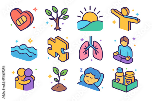 Emotional Resilience Icons. Colorful isometric vector icons set of Emotional resilience: heart with bandage, tree regrowing leaves, sunrise over hill, open