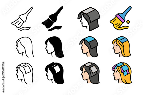 Hair Highlight Icon Set. Icon Set of Highlight Techniques: Balayage brush stroke, Partial foils, Full head foils. Icons set in vector style, emblematic