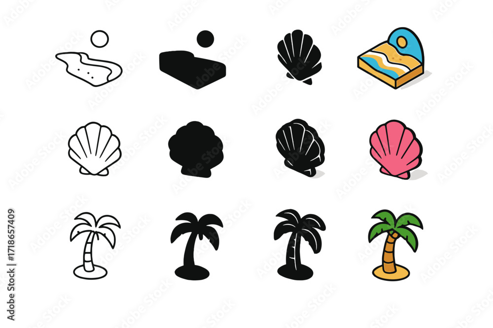 Obraz premium Beach Icon Set. Icon Set of Beach Landscapes and Coastal Beauty Shoreline: Sandy beach, Seashell, Palm tree. Icons set in vector style, emblematic variations.