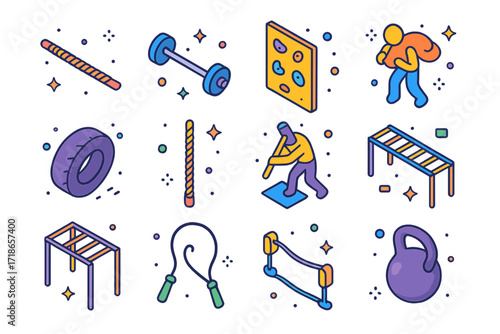 Strength and Endurance Icons. Colorful isometric vector icons set of strength and endurance challenges: tug of war rope, weightlifting bar, climbing wall grip,
