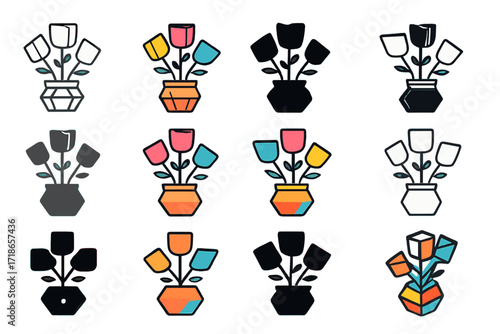 DIY Flower Logo Grid. Set Logo of Kids Making Tissue Paper Flowers: Decorative vase with DIY flowers. Logo set in vector style, emblematic variations. line,