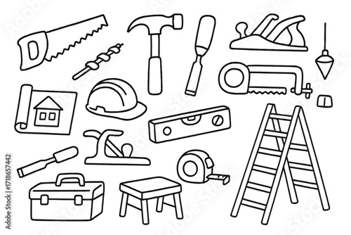 Construction Tools Doodle. Hand-drawn doodle illustration building site tools saw, hammer, mallet, chisel, auger, plane, clamp, plumb line, spirit level,