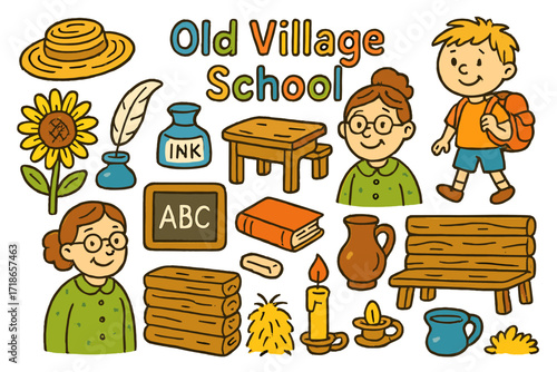 Vintage School Doodle. Colorful Hand-drawn doodle Children illustration Old village school inkpot, quill, slate board, straw hat, wooden desk, book, chalk,