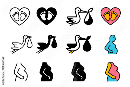 Motherhood Icon Collection. Icon Set of Motherhood Symbols: Heart with baby feet, Stork carrying bundle, Pregnant belly icon. Icons set in vector style,