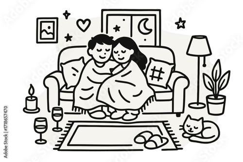 Romantic Indoor Cuddles. Hand-drawn doodle illustration Romantic indoor cuddles [sofa, heart, blanket, candle, wine glass, pillows, rug, lamp, framed picture,