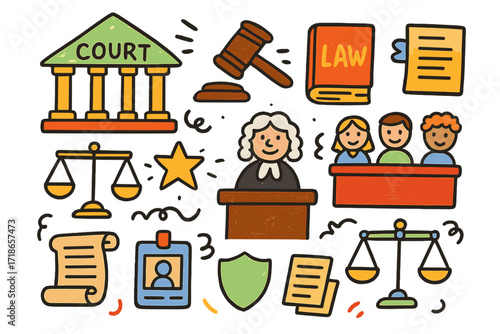 Courtroom Doodle Icons. Court. Colorful Hand-drawn doodle Children illustration Court courthouse, gavel, scales, law book, judge, podium, papers, shield, star,