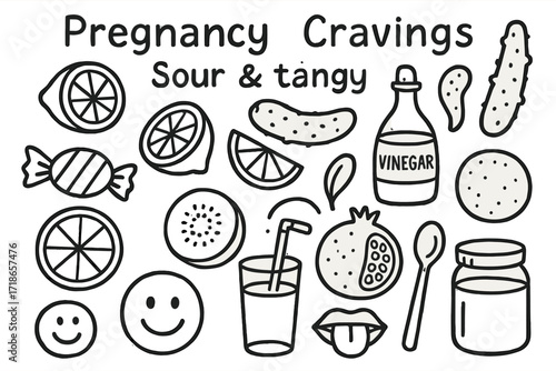 Pregnancy Cravings Doodle. Hand-drawn doodle illustration Pregnancy cravings sour & tangy [lemon slice, lime slice, orange wedge, sour candy, pickle, vinegar