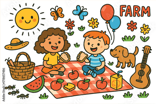 Farm Picnic Fun. Colorful Hand-drawn doodle Children illustration Picnic on the Farm picnic blanket, basket, sandwiches, juice box, apples, watermelon, smiling