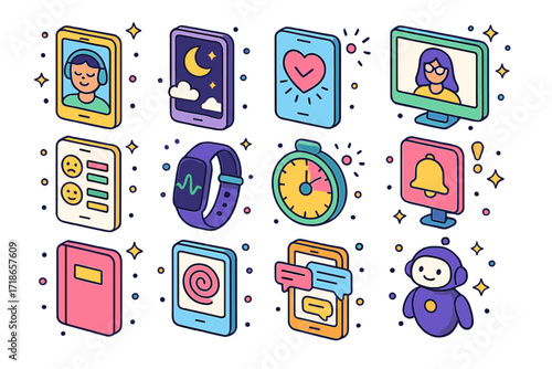 Isometric Mental Health Apps. Colorful isometric vector icons set of mental health apps and tech: guided meditation app, sleep