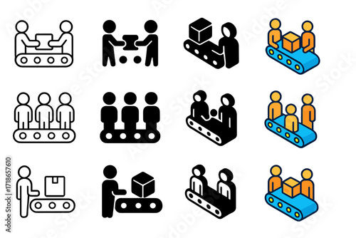 Logistics Icon Set. Icon Set of Human conveyor belts in logistics: parcel passing, human chain, mail sorting. Icons set in vector style, emblematic variations.