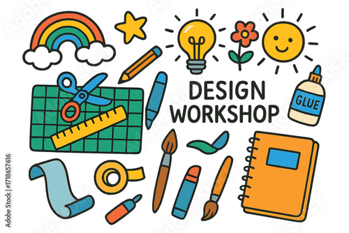Creative Workshop Tools. Colorful Hand-drawn doodle Children illustration Design Workshop [cutting mat, scissors, ruler, pencil, glue, notebook, light bulb,