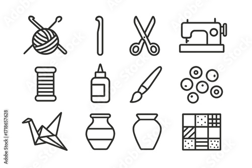 Craft Tools Icons. Handmade crafts. Line icon set of handmade crafts: knitting needles, crochet hook, scissors, yarn ball, sewing machine, thread spool, glue