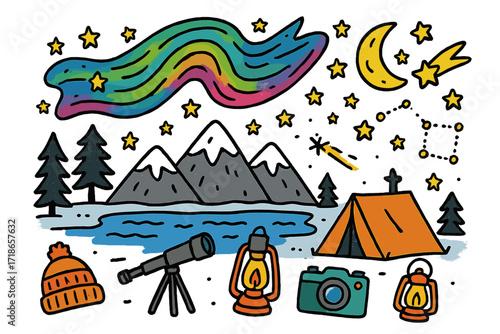 Aurora Night Adventure. Aurora. Colorful Hand-drawn doodle Children illustration aurora northern lights, stars, moon, mountain, frozen lake, tent, telescope,