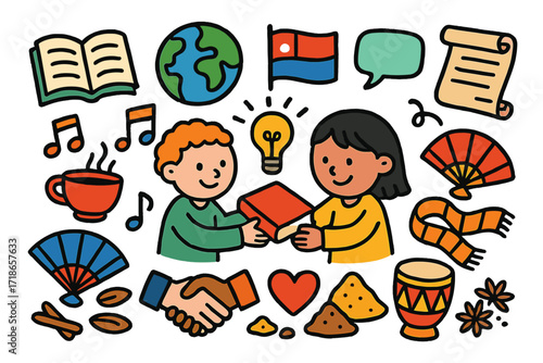Cultural Exchange Icons. Colorful Hand-drawn doodle Children illustration Exchange of ideas through trade book, map, flag, speech bubble, scroll, globe,