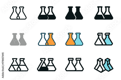 Twin Flasks Design. Set Logo of Flasks: Twin flasks in balance. Logo set in vector style, emblematic variations. line, bold thick line, solid black filled,