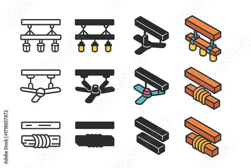 Decorative Elements Icons. Icon Set of Decorative Elements: Beam chandelier, Beam-mounted fan, Rope-wrapped beam. Icons set in vector style, emblematic