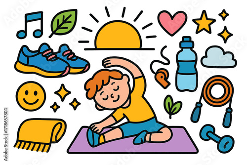 Morning Workout Doodles. Colorful Hand-drawn doodle Children illustration Morning workout sunrise, yoga mat, sneakers, water bottle, towel, leaf, heart, star,