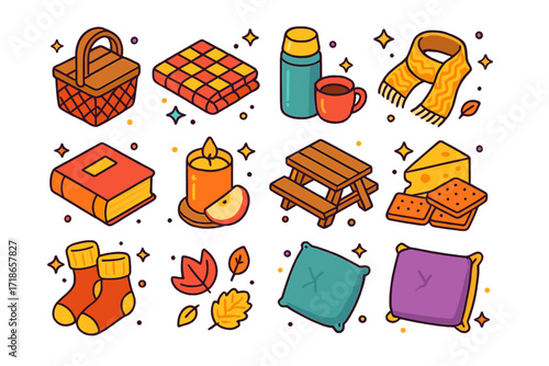 Isometric Picnic Icons. Colorful isometric vector icons set of picnic and relaxation outdoors: picnic basket, checkered blanket,