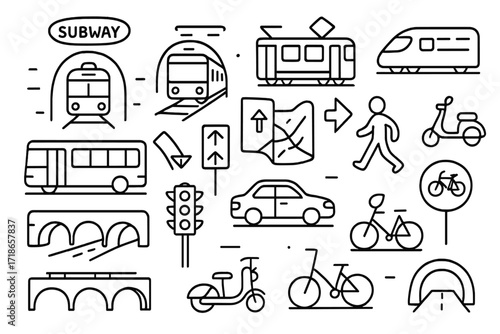 Urban Transport Doodle. Hand-drawn doodle illustration Urban transportation development subway, train, tram, bus, road, highway sign, city map, car, scooter,