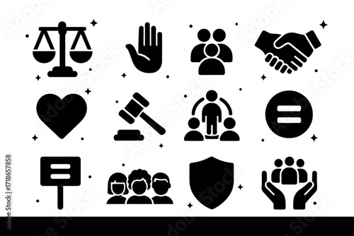 Icons of Fairness. Fairness. Solid icons set of balanced scale, open hand, group of people, handshake, heart, justice hammer, inclusive circle, equality