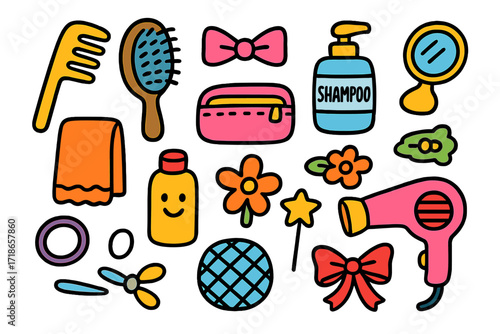 Children's Hair Care Doodles. Colorful Hand-drawn doodle Children illustration Hair care kit comb, brush, case, bow, shampoo,