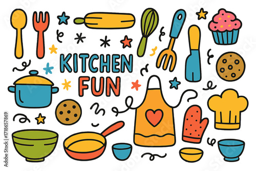 Playful Kitchen Doodles. Kitchen Fun. Colorful Hand-drawn doodle Children illustration Kitchen Fun spoon, fork, whisk, rolling pin, spatula, cupcake, cookie,
