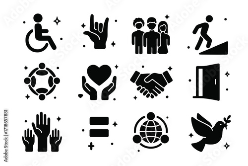 Inclusive Icons Grid. Inclusion. Solid icons set of wheelchair symbol, sign language hand, diverse people, accessible ramp, inclusive circle, support heart,