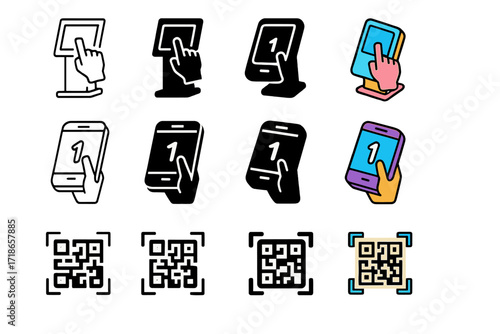 Modern Queue Tech Icons. Icon Set of Modern Queue Tech: Touchscreen kiosk, Queue app on phone, QR scanner. Icons set in vector style, emblematic variations.