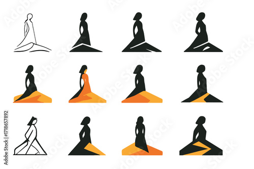 Geometric Logo Silhouettes. Set Logo of Model on Location: sand dunes silhouette fashion. Logo set in vector style, emblematic