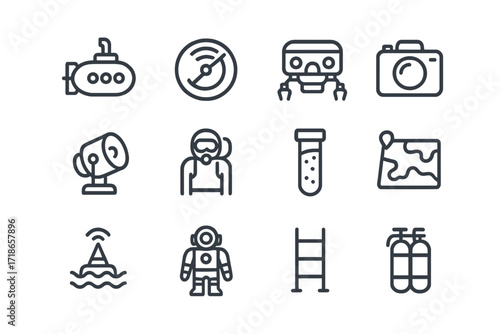 Underwater Exploration Icons. Underwater exploration. Line icon set of underwater exploration: submarine, sonar, underwater robot, camera, spotlight, diver,