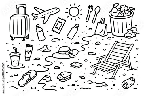 Beach Pollution Doodles. Hand-drawn doodle illustration tourist pollution at beach suitcase, airplane, ice cream wrapper, drink