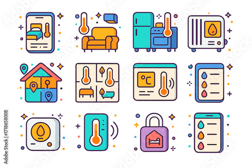 Isometric Temperature Control Icons. Colorful isometric vector icons set of room-based temperature control: bedroom temperature app, living room icon, kitchen