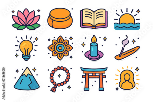 Enlightenment Iconography. Enlightenment. Colorful isometric vector icons set of enlightenment: lotus flower, meditation cushion, open book, sunrise, glowing
