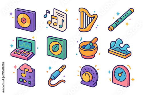 Isometric Music Icon Set. Colorful isometric vector icons set of music for relaxation: lo-fi album cover, classical music notes, harp instrument, flute,
