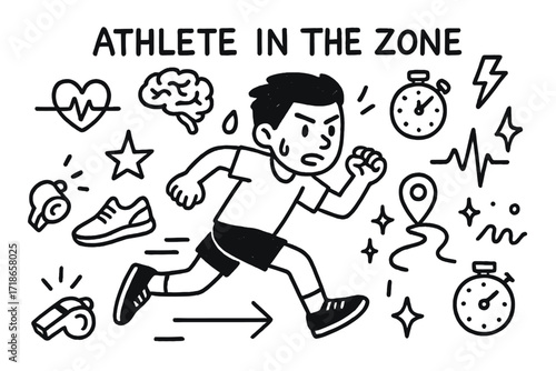 Athlete's Focused Journey. Hand-drawn doodle illustration Athlete in the zone [runner, heartbeat, stopwatch, brainwave, shoe, energy line, whistle, star icon,