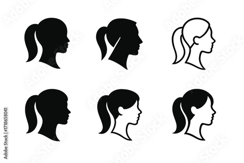 Ponytail Logo Variations. Haircare. Set Logo of Haircare: Ponytail silhouette. harmonious logo variations of the same emblematic concept, each with different