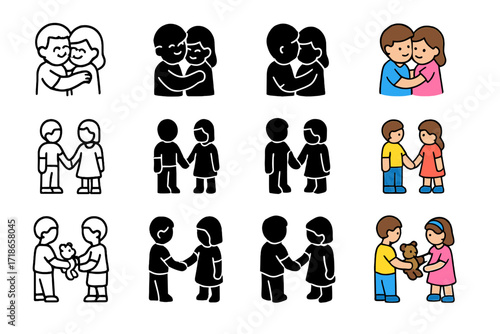 Sibling Love Icons. Icon Set of Sibling love moments: siblings hugging, holding hands, sharing toys. Icons set in vector style,